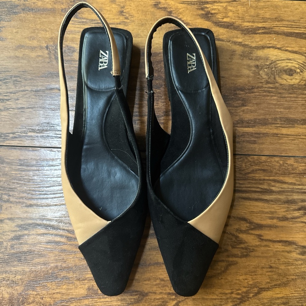Zara Black and Tan Flats with Pointed Toe